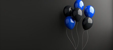 Black friday sale ad with blue and black balloons on dark background, copy space, shopping concept.の素材