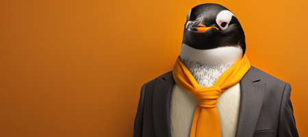Friendly penguin in business suit at corporate workplace studio shot with copy spaceの素材