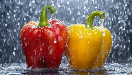 Fresh yellow bell peppers with water drops, ideal for a vibrant vegetable backdrop.の素材