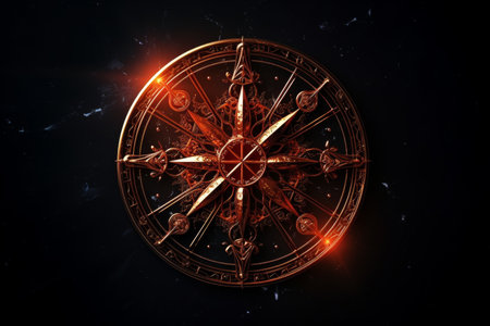 Sagittarius zodiac sign glowing red on black background, mystical and vibrant astrology symbolの素材