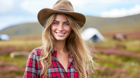 Happy young woman enjoying camping in beautiful outdoor landscape with natural lightingの素材
