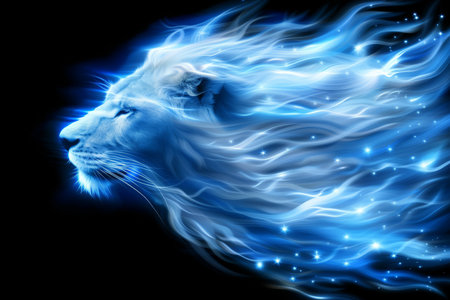 Luminous leo zodiac sign in vector style, shining blue isolated on black backgroundの素材
