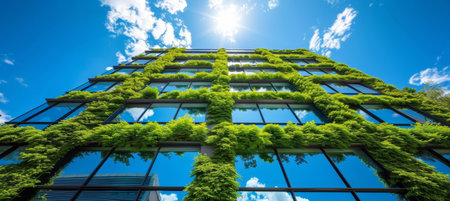 Eco friendly urban living  green wall with flourishing plants inside sustainable buildingの素材