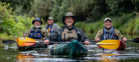 Cheerful elderly couple enjoying kayaking adventure on river or sea with space for textの素材