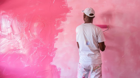 Male house painter renovating wall with pastel color, copy space for text placementの素材