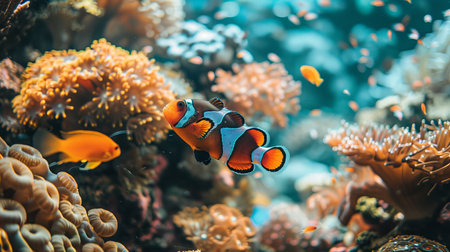 Vibrant clownfish swimming among colorful corals in a saltwater aquarium settingの素材
