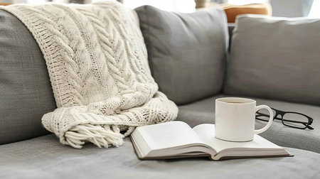 Hygge concept  beige sweater, tea or coffee mug, book, and glasses on gray bed for cozy home vibes.の素材
