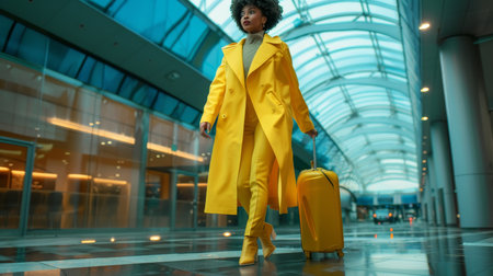 African american woman traveler walking with suitcase at modern outdoor transport hub stopの素材