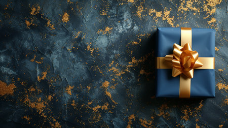 Elegant navy gold gift box with satin ribbon on black background, ideal for special occasionsの素材