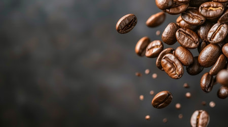Levitating roasted coffee beans on dark background for cafes and coffee shops advertisementの素材