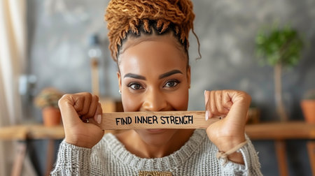 Woman holding sign  find inner strength  on blurred background, success and motivation concept.の素材