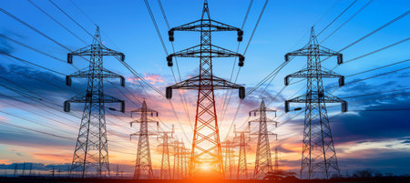 Silhouetted electric power lines against a colorful sunset sky creating a stunning evening sceneの素材