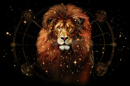 Vibrant leo zodiac sign shining in red isolated on black background, vector illustrationの素材