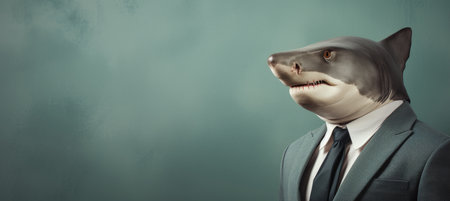 Anthropomorphic shark in formal attire working in corporate setting, studio shot with copy spaceの素材