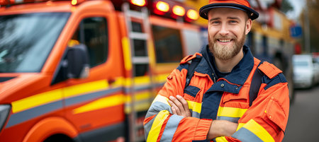 Confident bearded male rescuer driver smiling at camera with car, copy space for textの素材