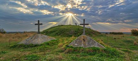 Holy cross representing jesus  death and resurrection, with bright sky and clouds over golgotha hillの素材