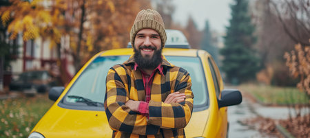 Friendly bearded taxi driver with hat, arms crossed, by cab   ideal for text placement.の素材