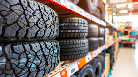 New car tire placed on storage rack in warehouse, auto tires inventory managementの素材