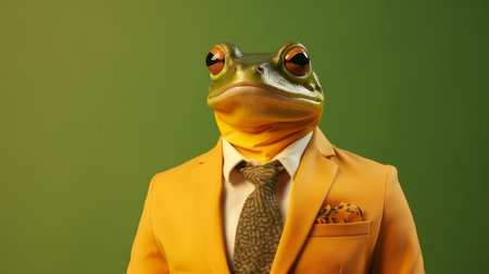 Anthropomorphic frog in business suit working in office, with copy space on plain background.の素材