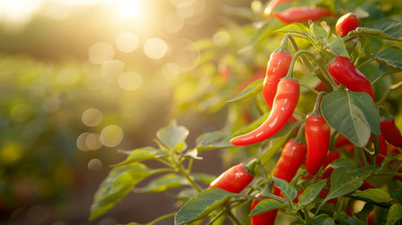 Ripe red chili pepper growing on bush in greenhouse, organic agriculture concept with copy space.の素材
