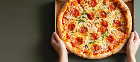 Young man holding italian pizza in cardboard box on solid color background with copy spaceの素材
