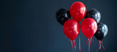 Black friday ad with red and black balloons on dark background, text space, shopping concept.の素材