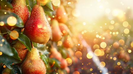 Ripe organic pears growing on tree in greenhouse, healthy fruits with copy space for text placementの素材