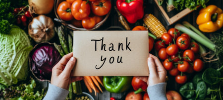 Volunteers holding thank you sign over donation box filled with essential groceriesの素材