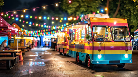 City food truck at vibrant festival, close up shot with selective focus on scene.の素材