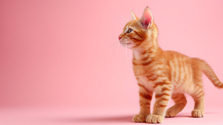 Flurry cat walking on pastel background, studio shot for advertising with copy space on left sideの素材