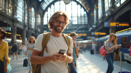 Cheerful bearded man with a warm smile looking at his smartphone while waiting at the train stationの素材