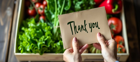 Smiling volunteers holding thank you message over donated groceries for food driveの素材