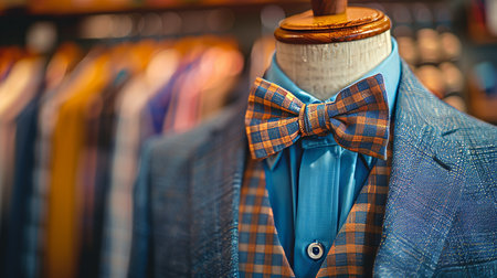 Stylish monochrome men s blue suit displayed on mannequin in modern boutique settingの素材