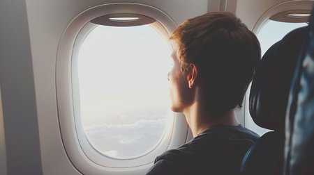 Charming man traveling by airplane, sitting by aircraft window and admiring the view outsideの素材