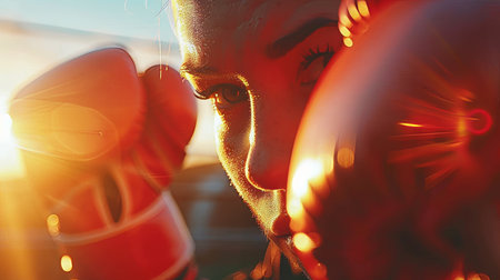 Intense close up of boxers in the ring showing determination and competitive spiritの素材