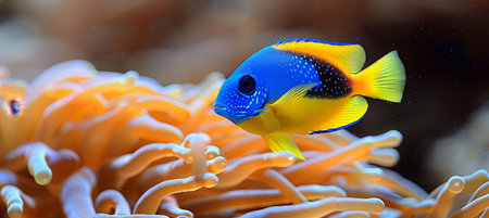 Colorful damselfish swimming among vibrant corals in a saltwater aquarium environmentの素材