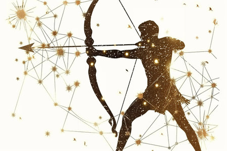 Sagittarius zodiac sign glowing in elegant gold vector design on a white backgroundの素材