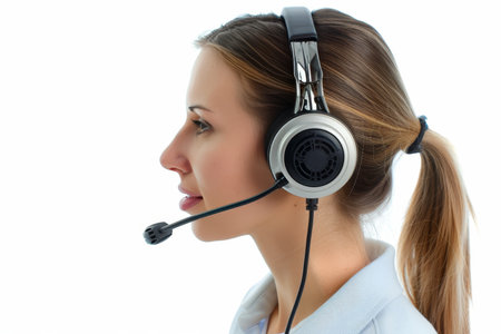Female call center agent in headset assisting online customers isolated on white background.の素材