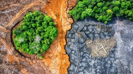 Environmental devastation  deforestation and land destruction aerial view, top view drone shotの素材