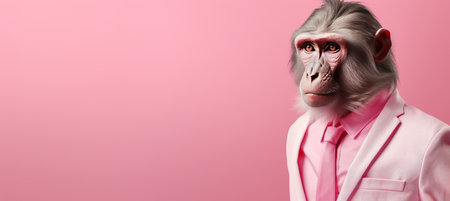 Monkey in business suit at corporate workplace, studio shot with copy space on plain wall for text.の素材