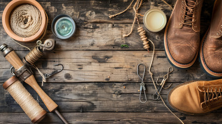 Fishing gear set with hooks, rod, lines, bait, and shoes on wooden background with copy space.の素材