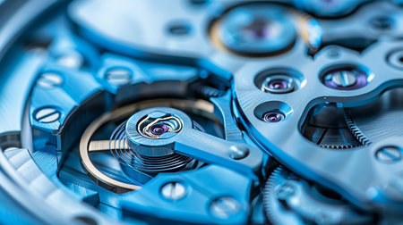 Close up of intricate metal gears in a watch mechanism with macro view and copy space for textの素材