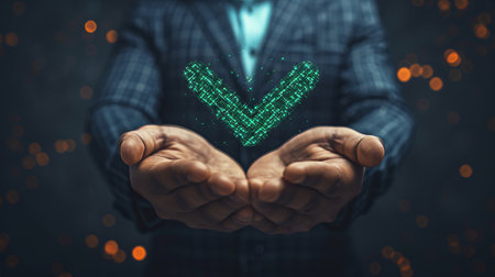 Businessman holding digital hologram of green compliance tick symbol for certification conceptの素材