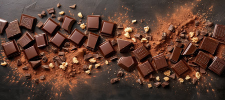 Chocolate bonbons burst splash levitation on dark gradient background with text spaceの素材