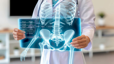 Female doctor examining holographic 3d rendering of human pelvis x ray with copy spaceの素材