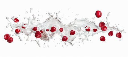 Levitating milk or yogurt splash with falling strawberries isolated on white backgroundの素材