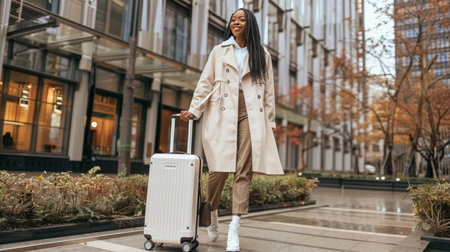 African american female traveler with suitcase at modern transport hub, outdoor lifestyle scene.の素材