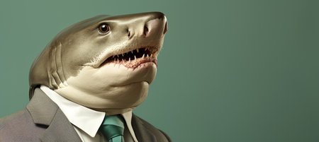 Friendly shark in business attire working in corporate studio, with copy space for text placement.の素材