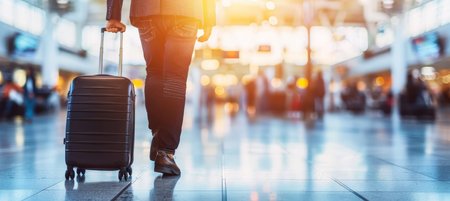 Businessman walking with suitcase at modern transport hub, outdoor stop with text spaceの素材