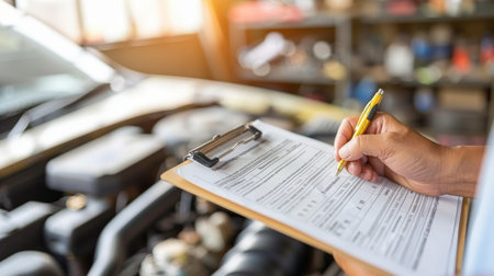 Mechanic s checklist on clipboard for car insurance inspection in garage workshop, auto servicesの素材